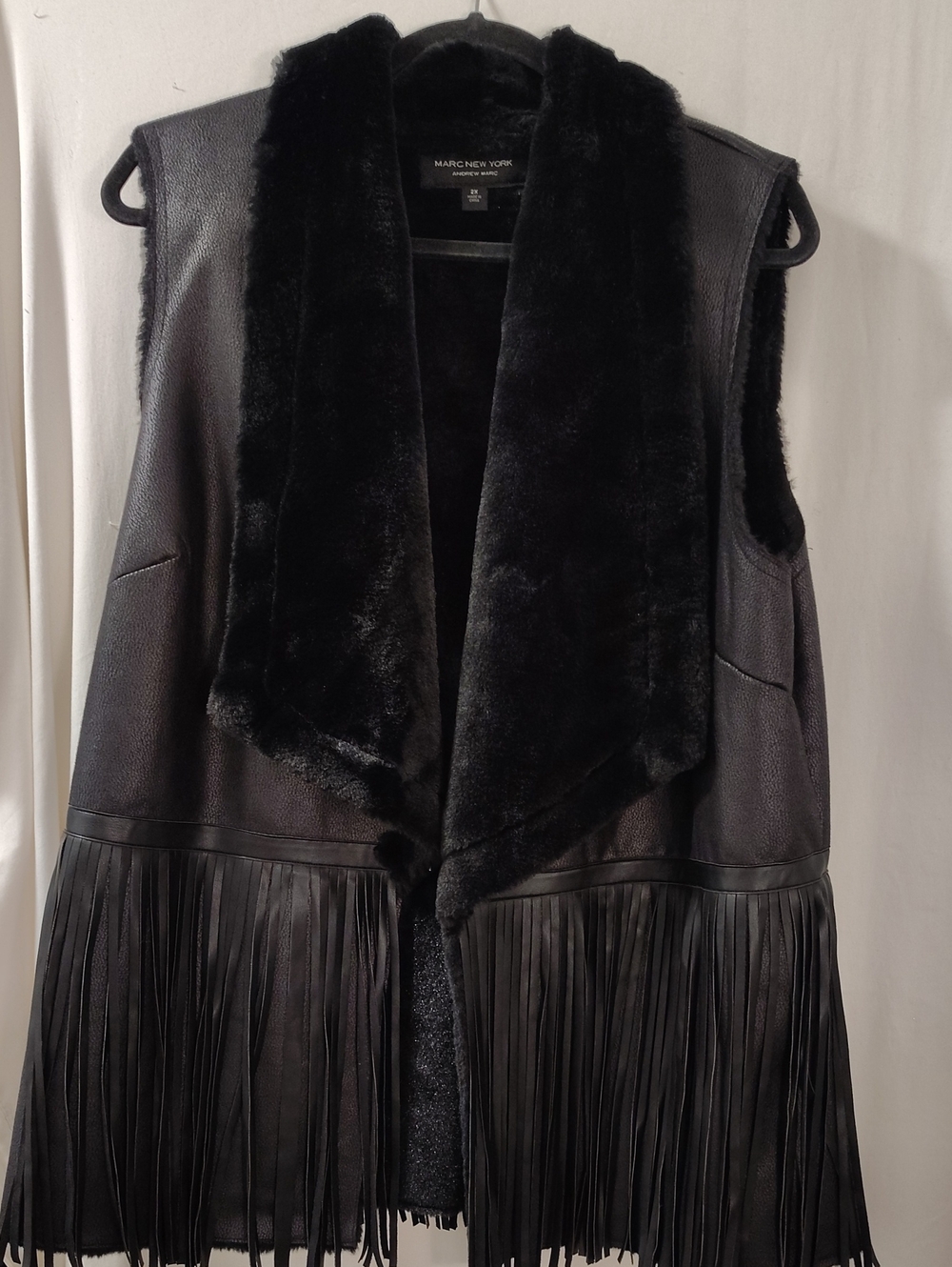 Marc New York Black Faux Fur-Trim Fringe Vest